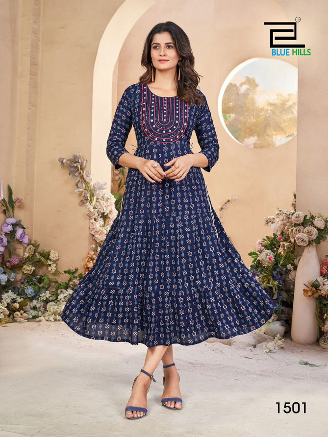 Sarfaraz Vol 15 By Blue Hills Rayon Printed Long Kurtis Wholesalers In Delhi
